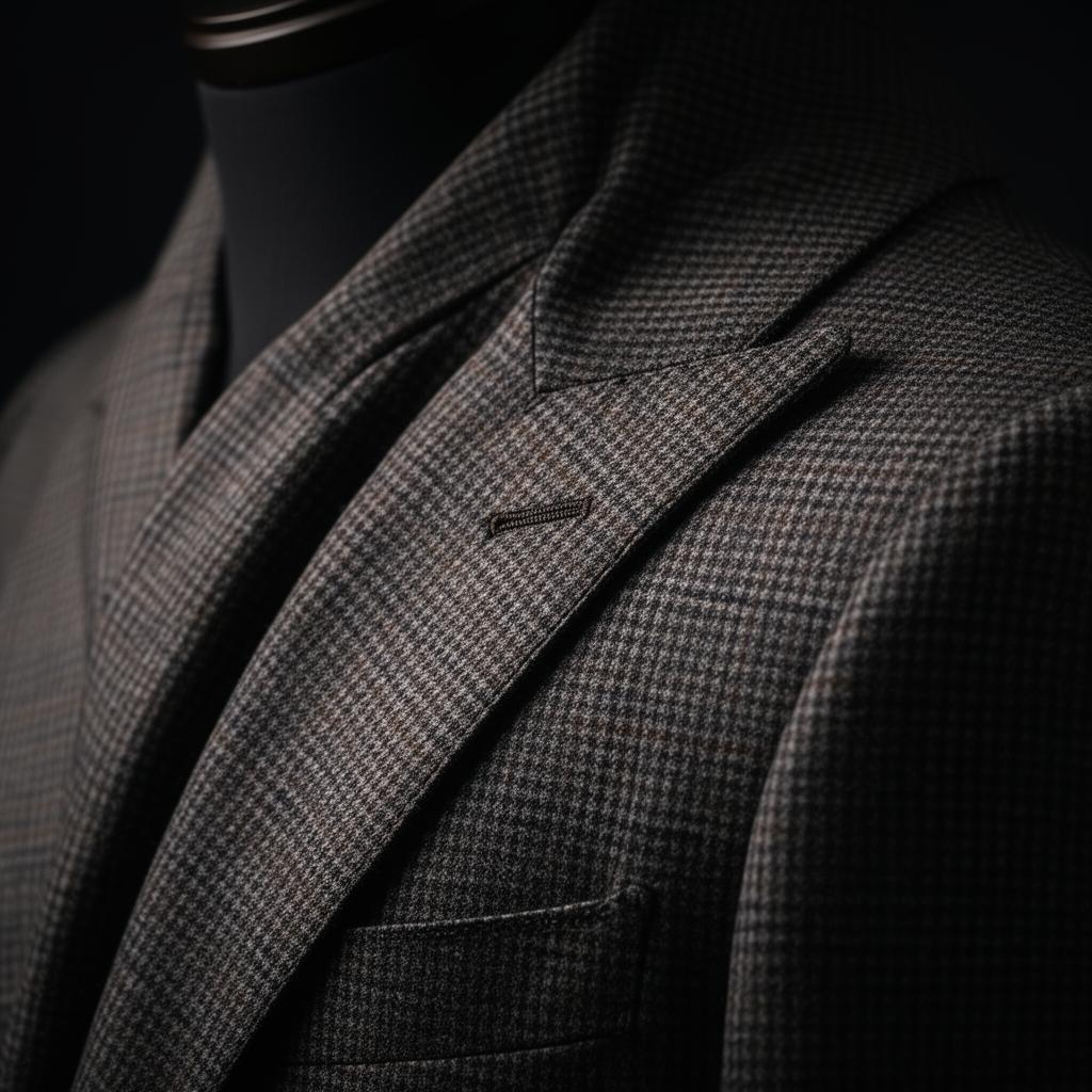 Close-up of suit jacket showing buttonhole detail and fabric quality